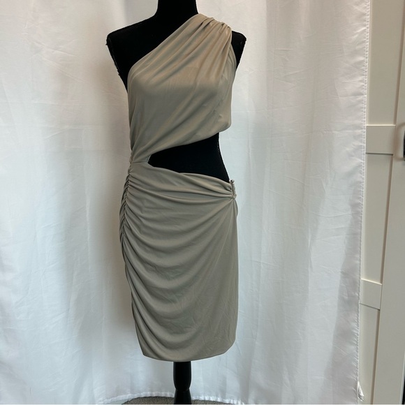 Zara khaki green draped ruched one shoulder asymmetrical cut-out mini dress XL - Picture 3 of 16